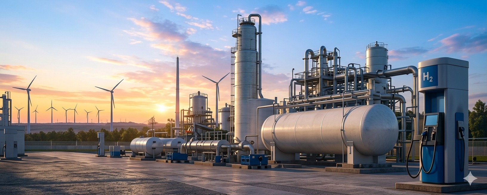 Instalación industrial de hidrógeno y e-Fuels con almacenamiento y automatización
